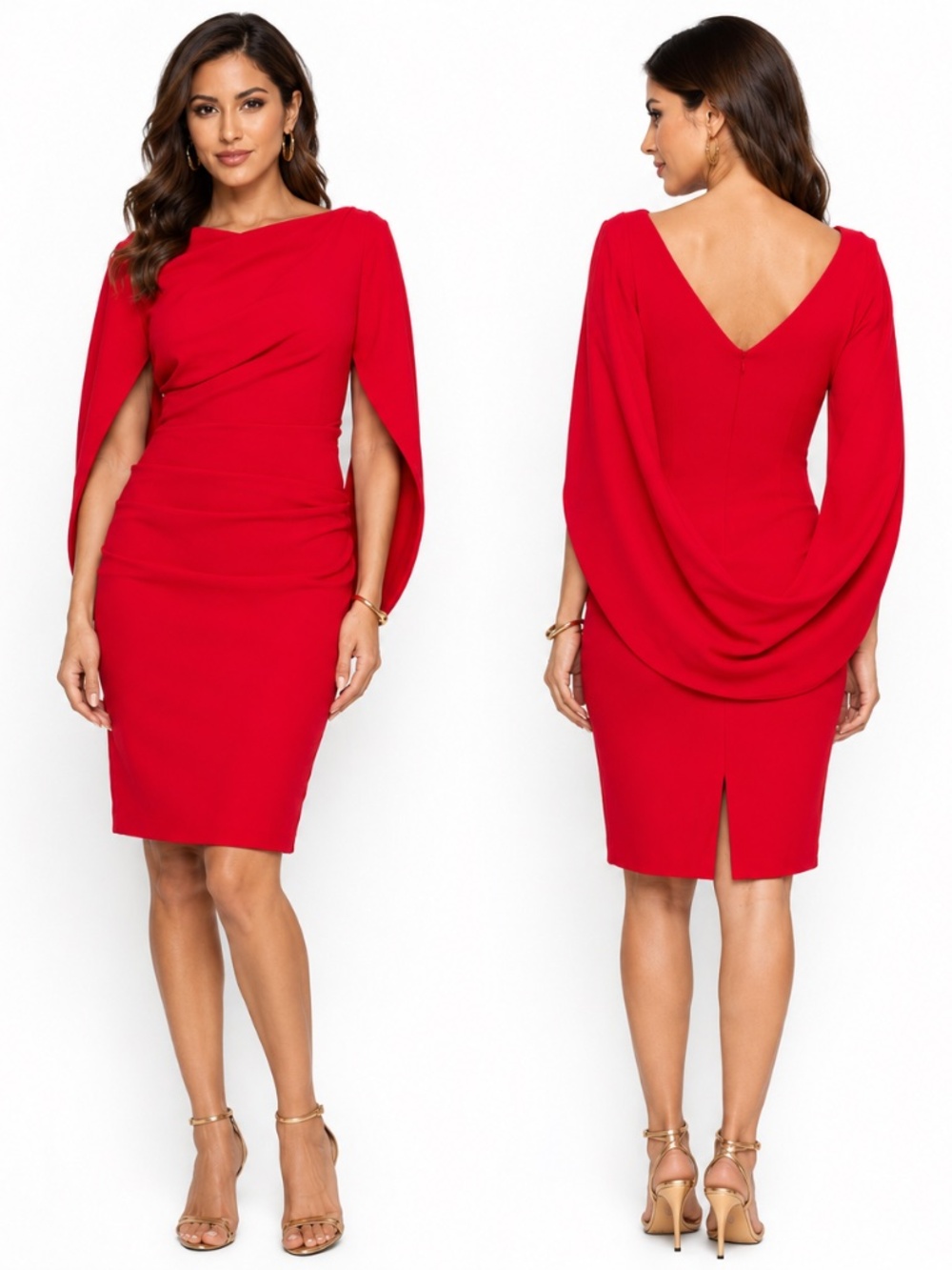 Betsy & Adam - Draped Boat Neck Long‎ Sleeve Cocktail Dress